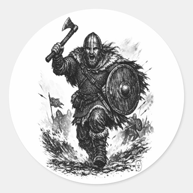 Viking Warrior Charge – Ink Battle Classic Round Sticker (Front)