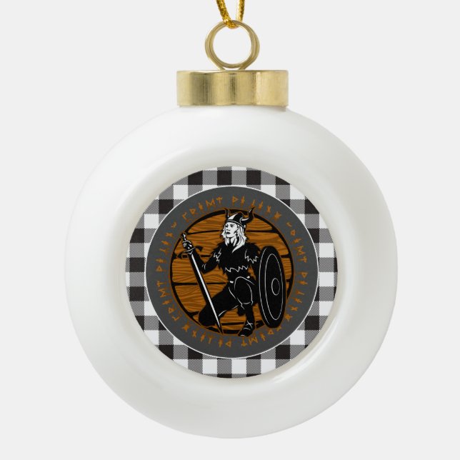 Viking Warrior Kneeling Female Runes White Plaid Ceramic Ball Christmas Ornament (Front)