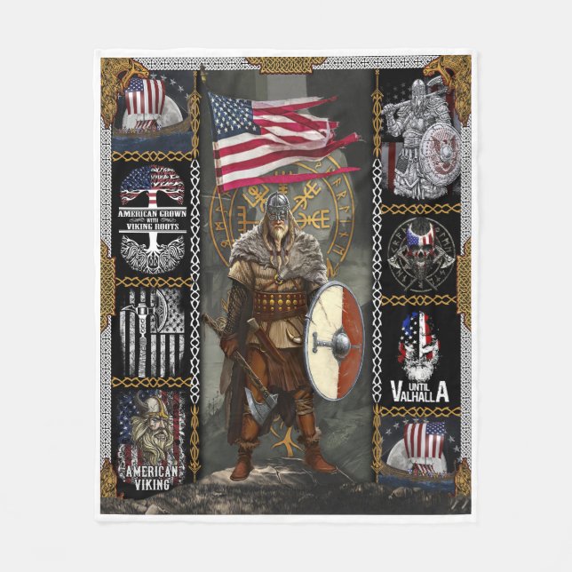 Viking Warrior Standing For American Flag Fleece Blanket (Front)
