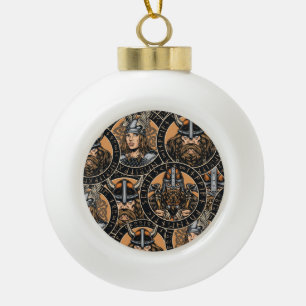 Viking Warriors: Colourful Vintage Pattern Ceramic Ball Christmas Ornament