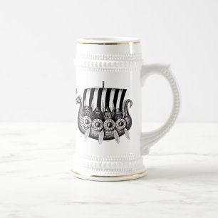 Vikings in Drekar black and white pen ink drawing Beer Stein