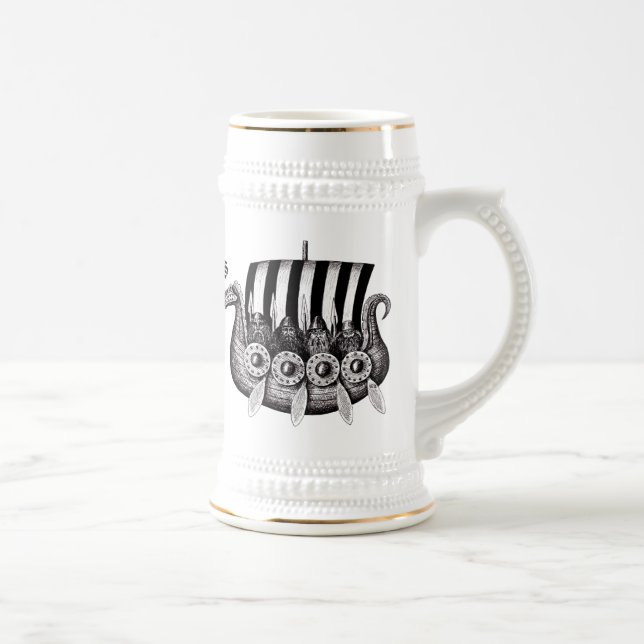 Vikings in Drekar black and white pen ink drawing Beer Stein (Right)
