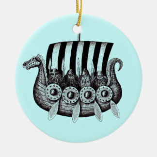 Vikings in Drekar black and white pen ink drawing Ceramic Tree Decoration