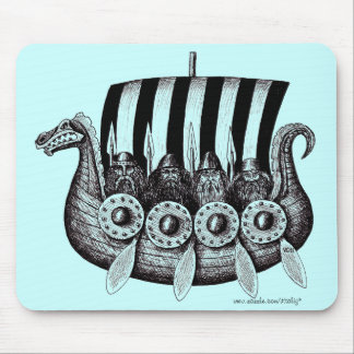 Vikings in Drekar black and white pen ink drawing Mouse Pad