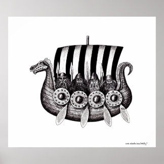 Vikings in Drekar black and white pen ink drawing Poster