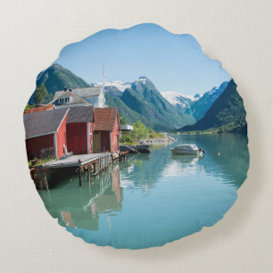 Village and a fjord in Norway round pillow