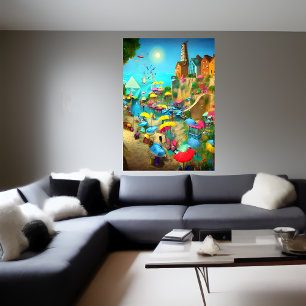 Village, beach, ocean AI Art Poster