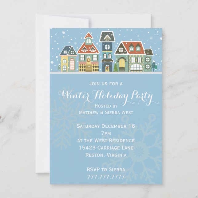 Village Homes Winter Snow Scene Holiday Party Invitation (Front)