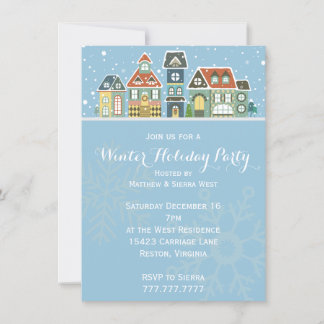 Village Homes Winter Snow Scene Holiday Party Invitation