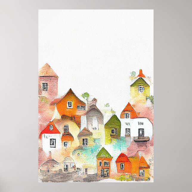 Village House Landscape Scenery Nature Watercolor  Poster (Front)