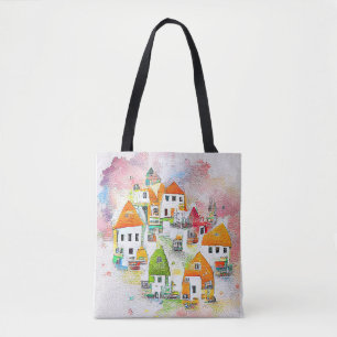 Village House Landscape Scenery Nature Watercolor  Tote Bag