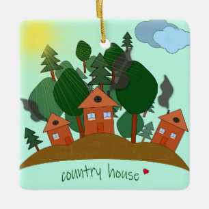 Village houses at the edge of the forest. ceramic ornament