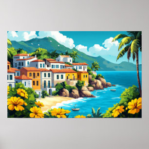 Village Houses Illustration Watercolour Drawing Poster