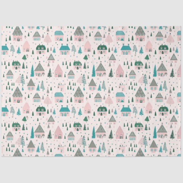 Village Houses Trees Birds Christmas Tissue Paper (Front)