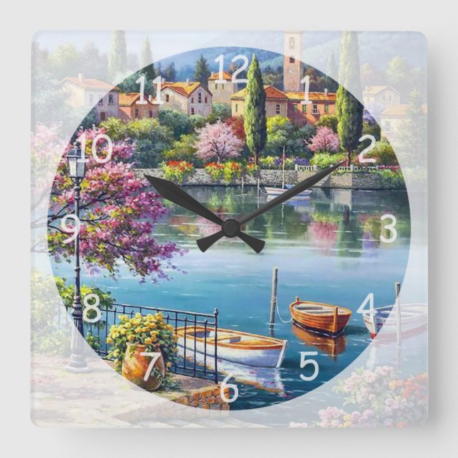 Village Lake Afternoon Fine Art Square Wall Clock (Front)