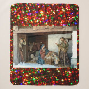 Village Nativity Under Canopy Multi-coloured Stars Sherpa Blanket