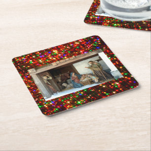 Village Nativity Under Canopy Multi-coloured Stars Square Paper Coaster