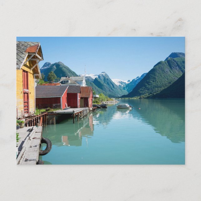 Village of Fjærland and a fjord in Norway postcard (Front)