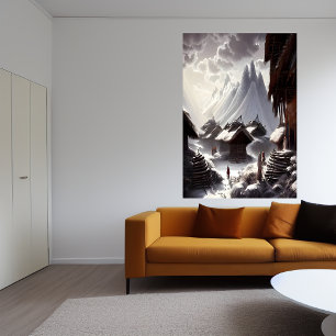 Village on the snow and mountain   AI Art  Poster