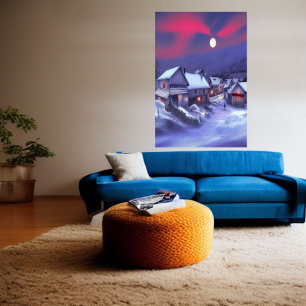 Village on the winter mountain AI Art Poster