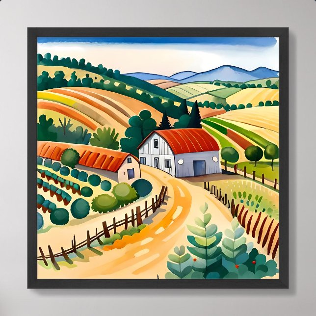 village painting house middle farm field clean air poster (village painting house middle farm field clean air)