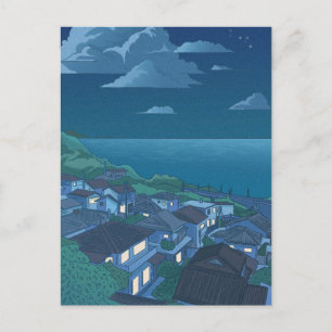 Village sea blue night sky Anime  Postcard