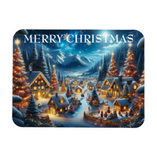 Village Snowy Scene Painting Christmas Magnet