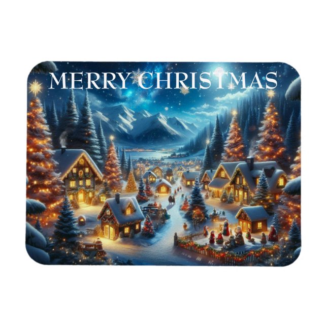 Village Snowy Scene Painting Christmas Magnet (Horizontal)