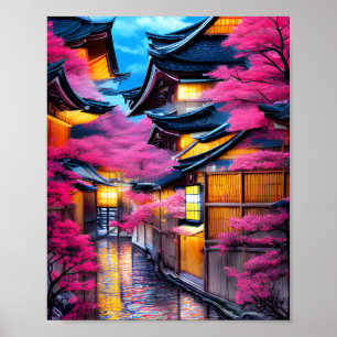 Village Surrounded by Cherry Blossoms Poster