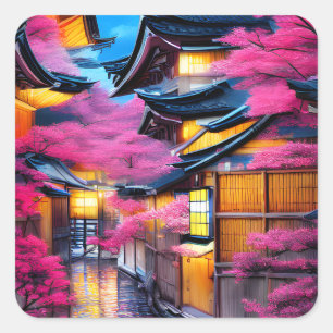 Village Surrounded by Cherry Blossoms Square Sticker