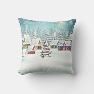 Village winter landscape with snow covered houses cushion