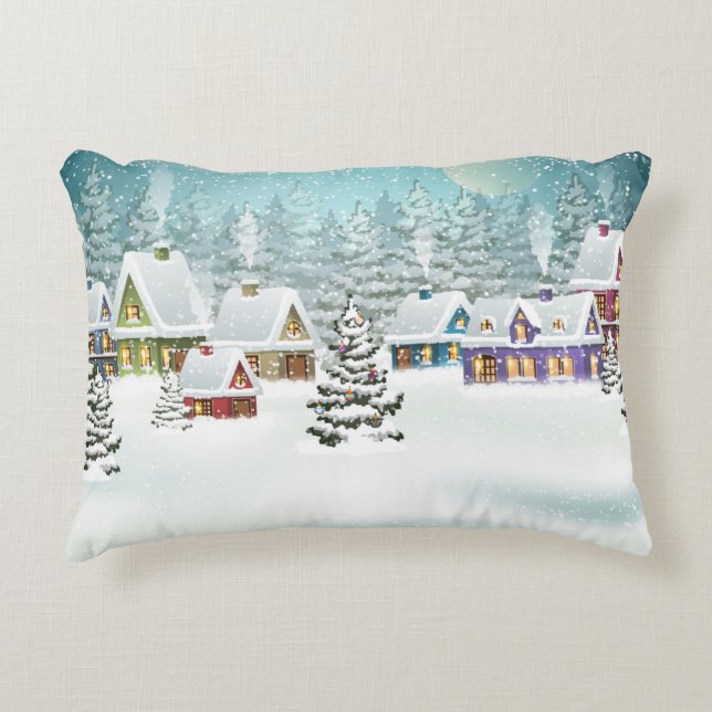 Village winter landscape with snow covered houses  decorative cushion (Front)