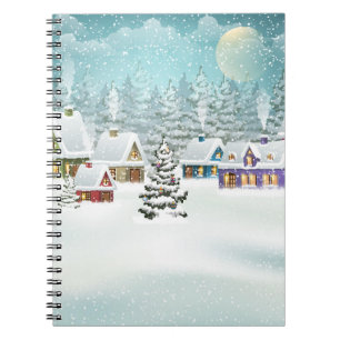 Village winter landscape with snow covered houses notebook