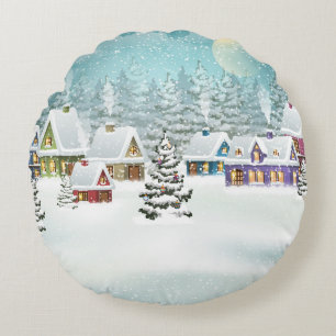 Village winter landscape with snow covered houses round cushion