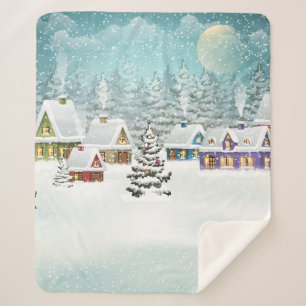 Village winter landscape with snow covered houses  sherpa blanket
