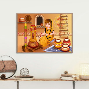 Village Woman Churning Butter Using Wooden Madhani Poster