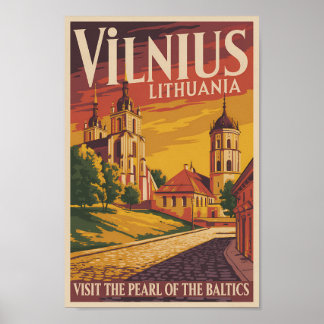 Vilnius Lithuania Illustration Travel Art Vintage Poster
