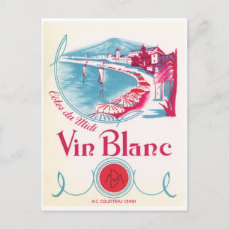 Vin Blanc White Wine Pink Blue Cream Vintage Label Postcard