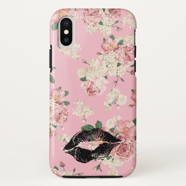 Vinage Floral Pattern Black Lipstick Kiss Case-Mate iPhone Case (Back)