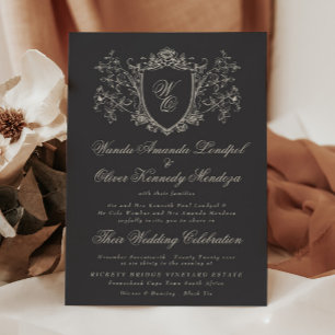 Vinatage Floral Crest Charcoal Cream Wedding Invitation