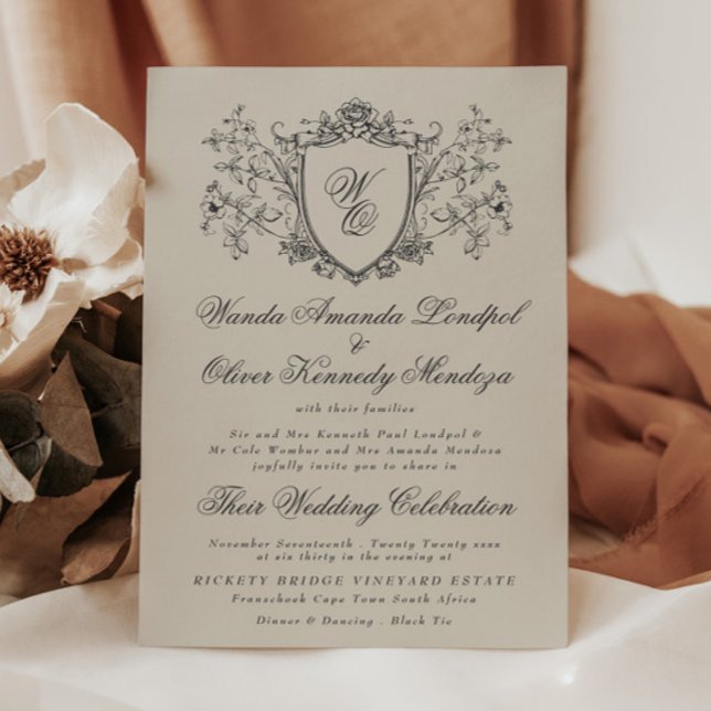 Vinatage Floral Crest Cream Charcoal Wedding Invitation (Creator Uploaded)