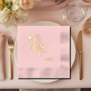 Vinateg Floral - folk art pink gold Foil Napkins