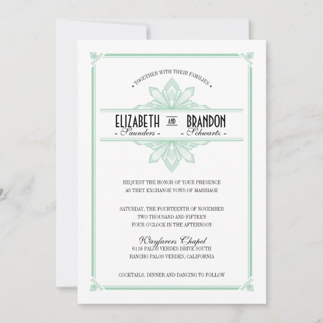 Vinatge Deco Mint & Black Wedding Invitation (Front)