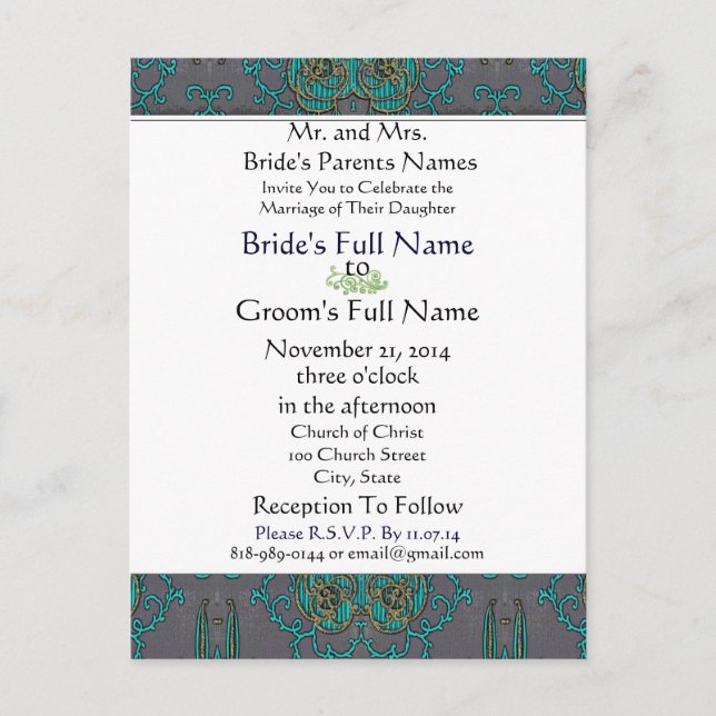 Vinatge Turquoise Teal Blue Wedding Invitation (Front)