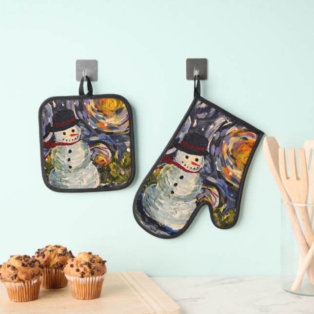 Vincent Snowman Pot Holder & Mitt set (Insitu(Hanging))