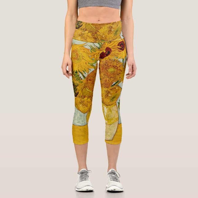 Vincent Van Gogh 12 Sunflowers Impressionist Capri Leggings (Front)
