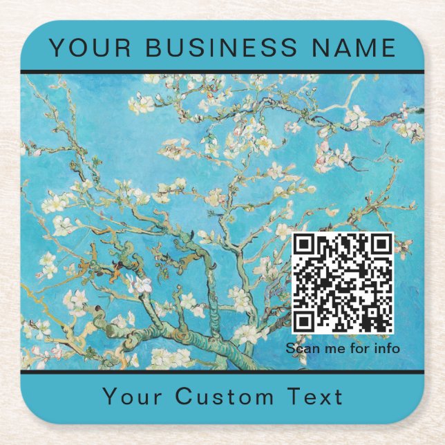 Vincent Van Gogh - Almond Blossom QR Code Square Paper Coaster (Front)