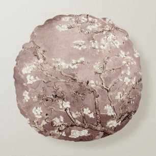 Vincent Van Gogh Almond Blossoms Beige Taupe Round Cushion