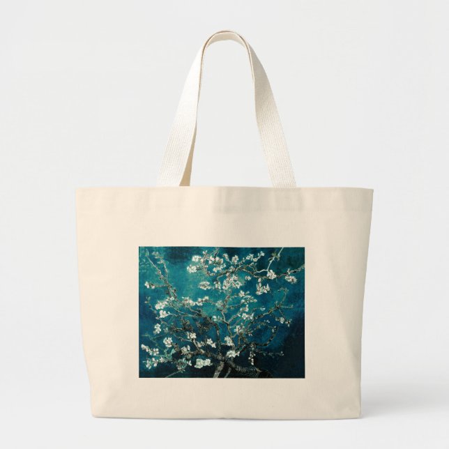 Vincent Van Gogh Almond Blossoms Dark Teal Large Tote Bag (Front)