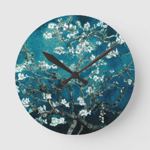 Vincent Van Gogh Almond Blossoms Dark Teal Round Clock